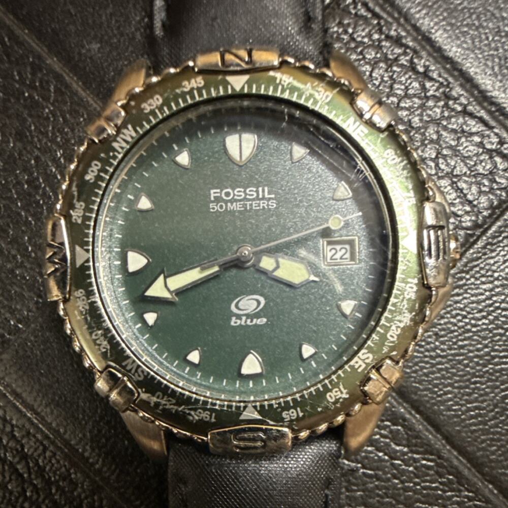 Fossil Blue Men's Wristwatch AM-3075 38mm Green Dial Rotating Compass Bezel